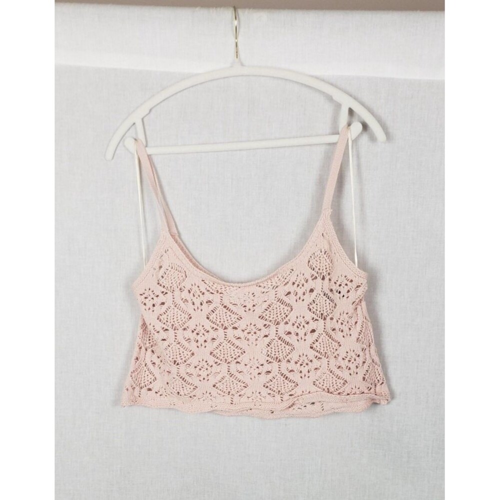 Double Zero Tank‎ Top L Pink Crochet Knit Crop Cami 100% Cotton Dainty Coquette